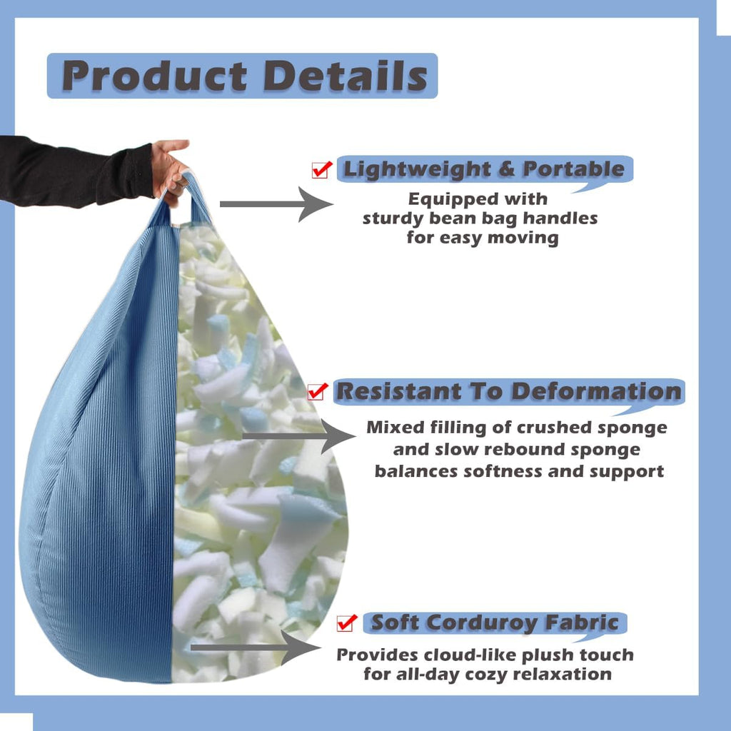 LPMOERA 3FT Memory Foam Filling Bean Bag Chair Blue | Skin-Friendly,Hidden Zipper,Home Decor,Suitable For Rest & Lounge,Pull-Handle