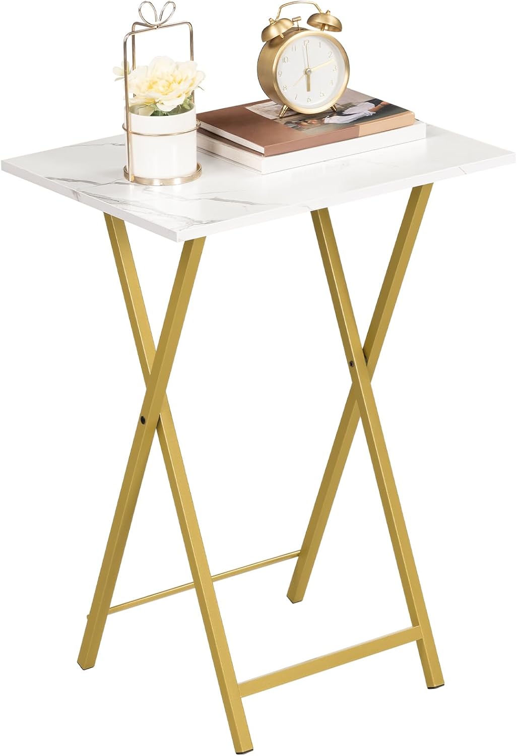 HOOBRO Folding TV Tray Tables, Set of 2 Side Table for Small Space, Industrial Snack Tables for Eating at Couch, Stable Metal Frame, Easy Assembly, Space Saving, Marble and Gold DM25BZ01