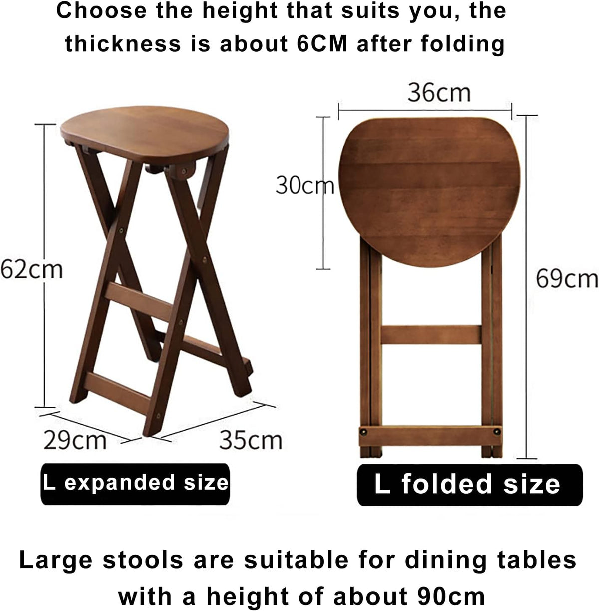 SAZDFY Folding Wood Barstools,Kitchen Counter Height Stool Portable Bar Stool with Footrest,Collapsible Stool Chair for Home Breakfast Party,No Need to Install,White,35x29x62cm