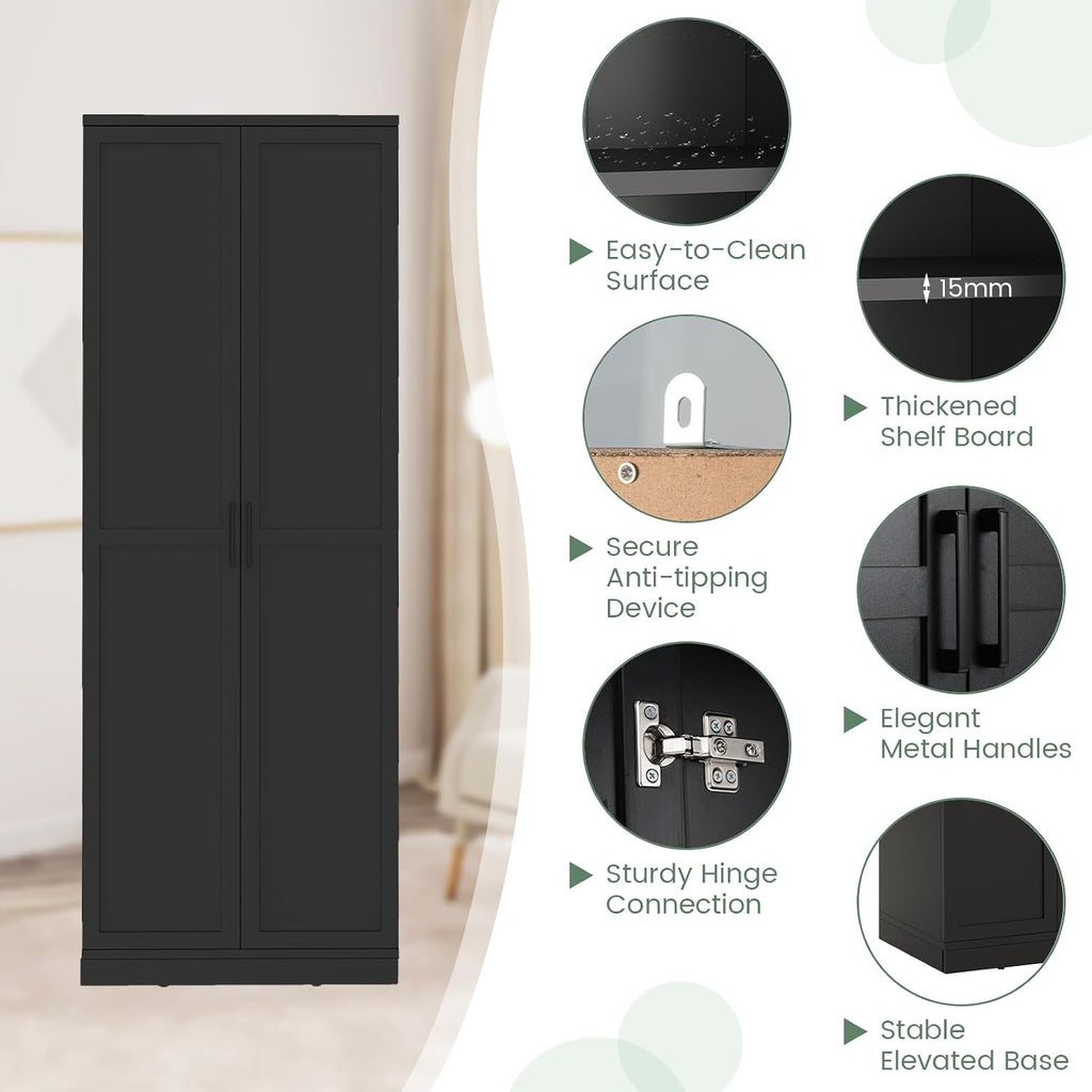 TANGZON Tall Kitchen Cupboard, 5-Tier Storage Cabinet with 2 Adjustable Shelves, Doors & Anti-tipping Device, Freestanding Wooden Tall Sideboard Unit for Pantry Dining Living Room (Black)