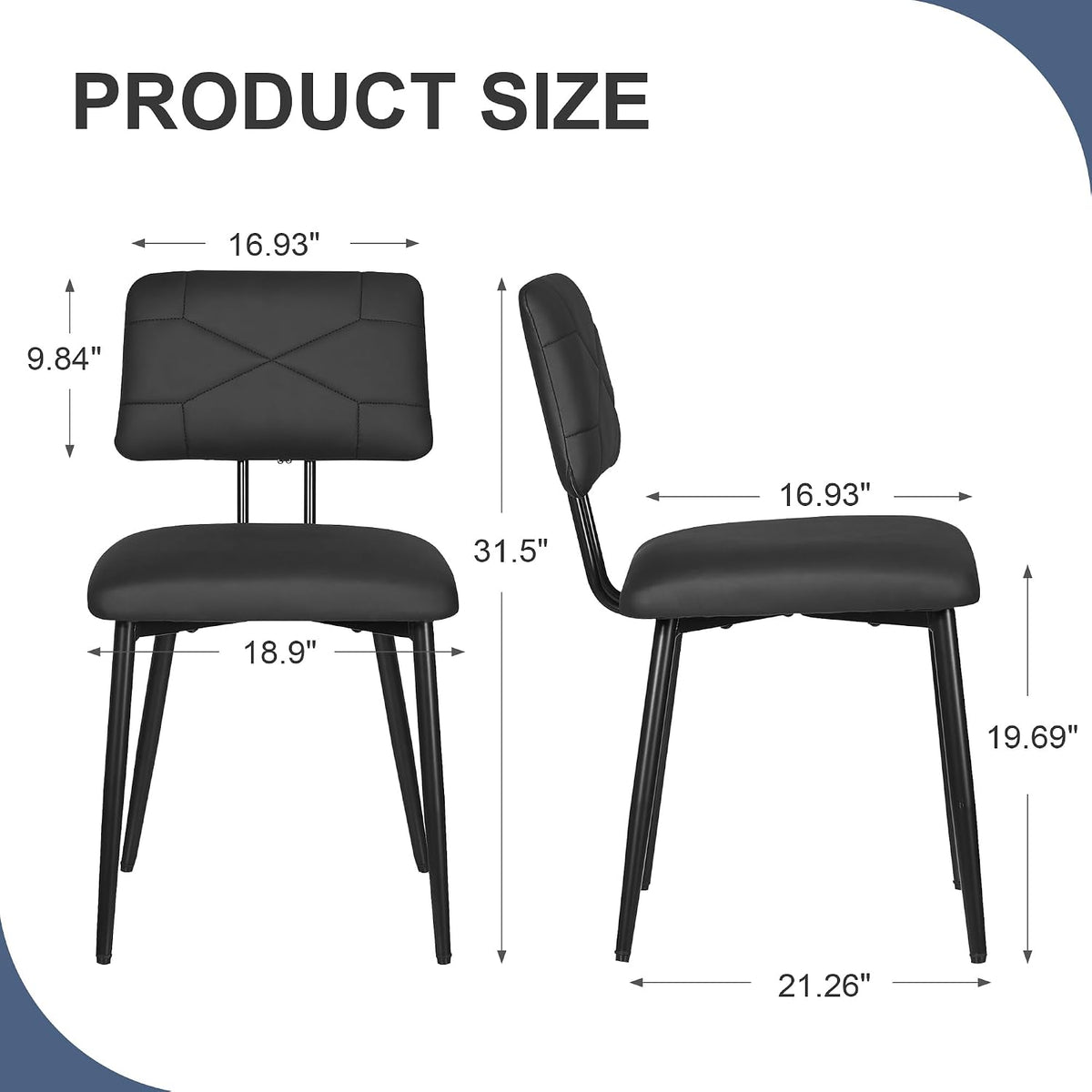 VECELO Dining Chairs Set of 2, Modern Upholstered Kitchen Chairs with Faux Leather Cushion Seat & Metal Legs for Kitchen, Living Room, Tufted Backrest Design, Black