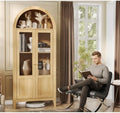 Light Brown Tall Arched Cabinet with Glass Doors Storage Cabinet Engineered Wood Display Cabinet for Kitchen Dining Room Living Room Anti Tip Design