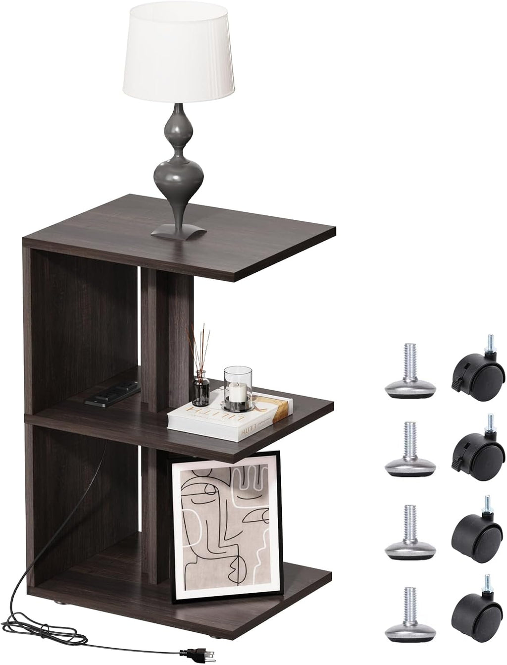 End Table, Side Table, Nightstand, USB Ports and Outlet，3-Tier Storage Shelf, Sofa Table for Small Space, Living Room, Bed Room(Brown)