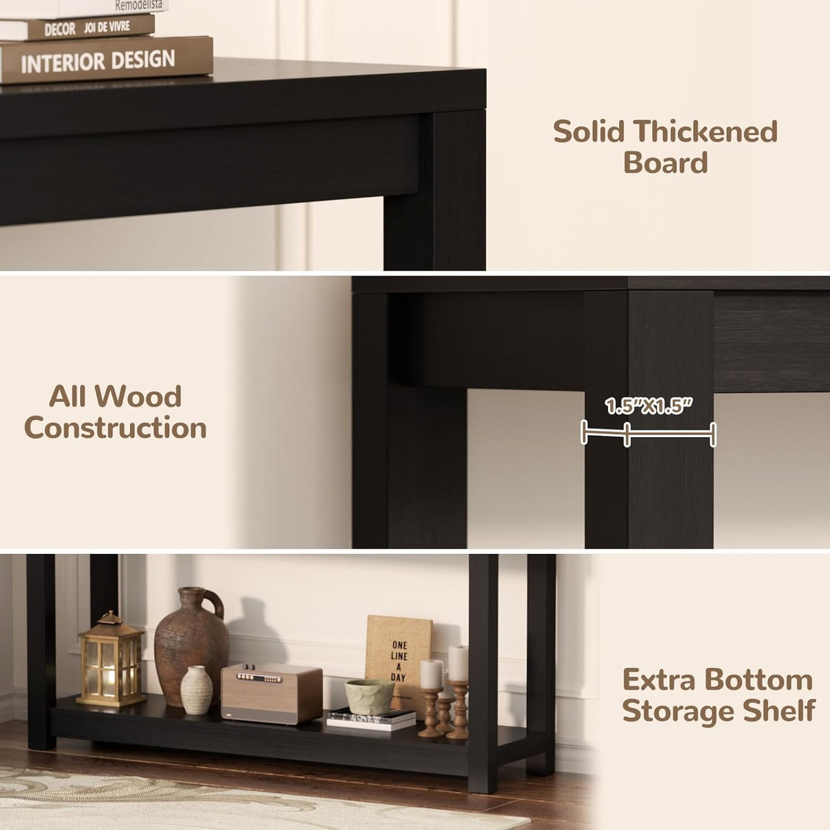 Besiost 47" Farmhouse Wood Entryway Table Narrow Console Table with Storage Behind Couch Sofa Table with Shelves for Entry Way with Open Storage, Easy Assembly, Embossed Wood Grain Black