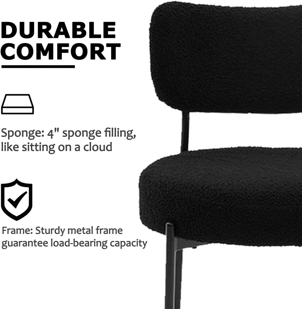 Boucle Dining Chair Set of 2, Mid Century Modern Upholstered Kitchen Chairs with Curved Backrest & Black Metal Legs, Round Dining Room Chairs, Black