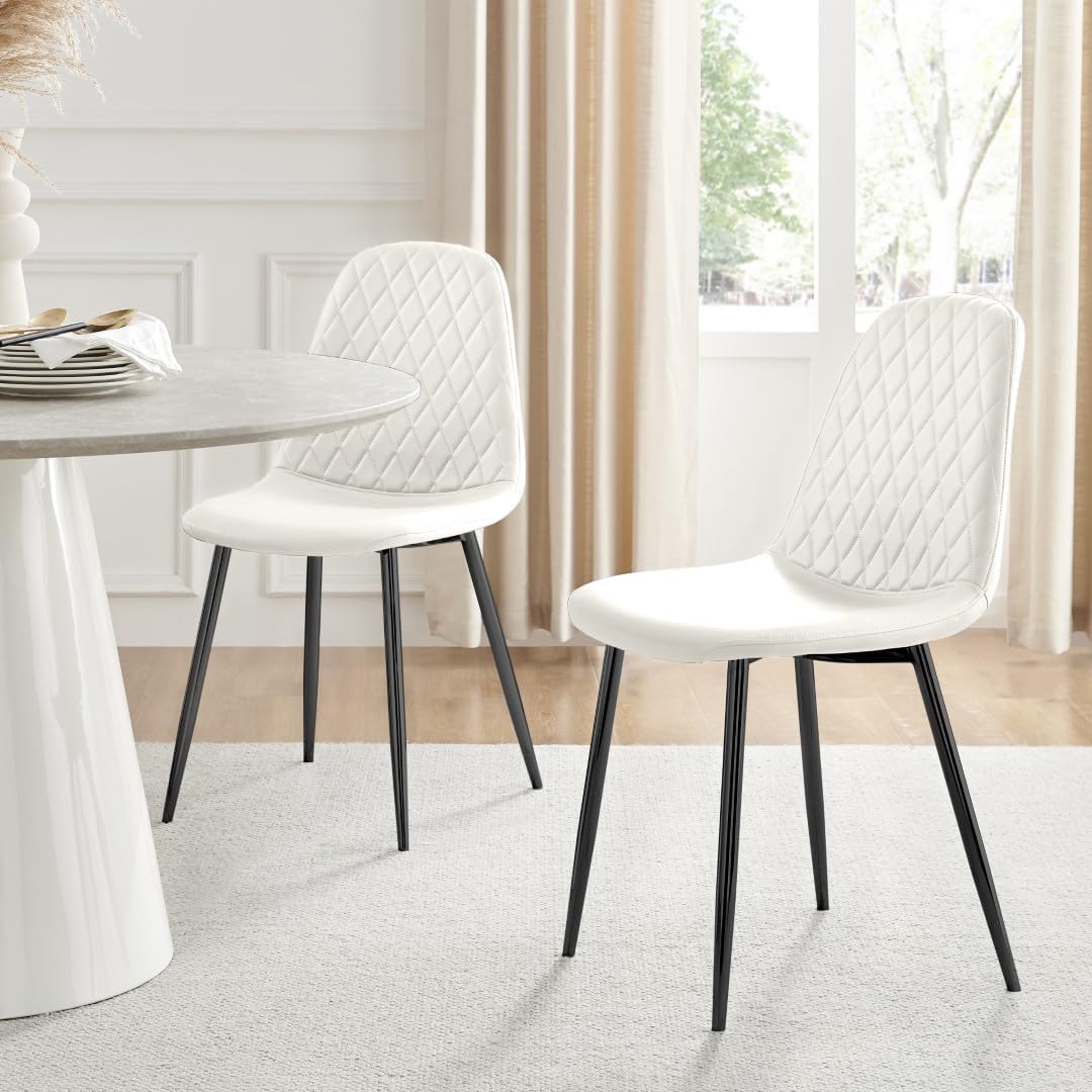 Furniturebox Dining Chair Set of 2 - Corona Black Leg White Faux Leather Dining Chair