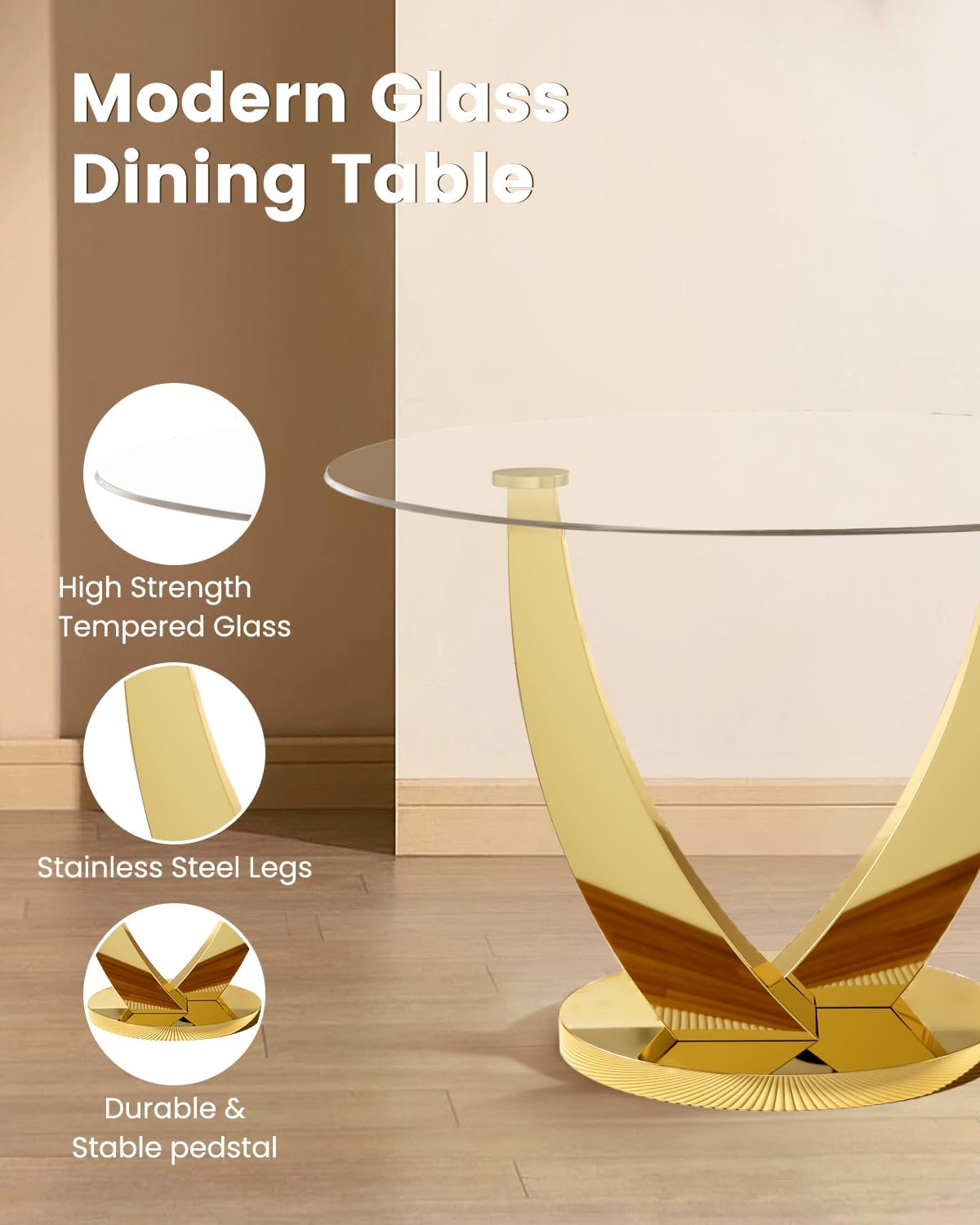 47.2" Round Glass Dining Table Set for 4, Modern Kitchen Table with 4 Upholstered Velvet Chairs, Tempered Glass Top with Golden Steel Base, 5 Pieces Dining Table Set for Small Space - Beige