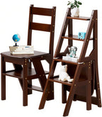 Solid Wood 3-in-1 Folding Ladder Chair, Convertible Step Stool & Display Rack, 4-Tier Multi-Functional Ladder, Dual Purpose for Home, Kitchen, Library, 265 lbs Capacity (Walnut Color, 13 x 18 x 35 in)