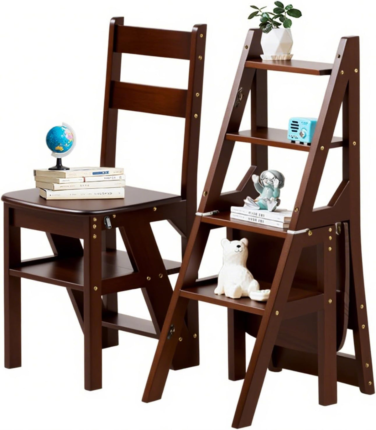 Solid Wood 3-in-1 Folding Ladder Chair, Convertible Step Stool & Display Rack, 4-Tier Multi-Functional Ladder, Dual Purpose for Home, Kitchen, Library, 265 lbs Capacity (Walnut Color, 13 x 18 x 35 in)