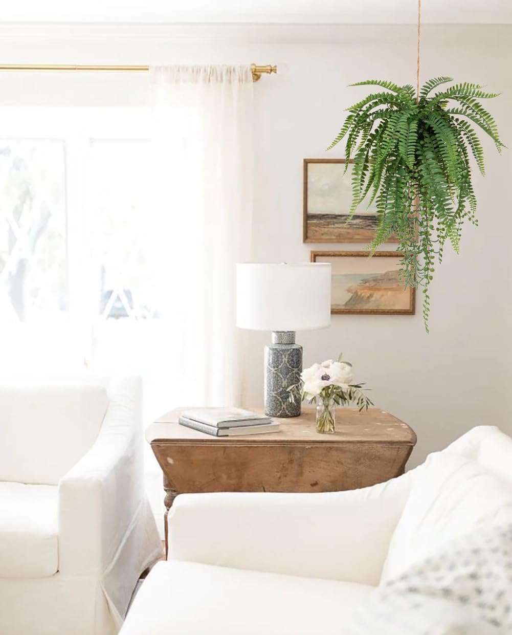 Large Mixed Fern Faux Hanging Plants, Realistic Artificial Plants with Hemp Rope Moss, Indoor for Home Bedroom Bathroom Porch Window Sill Decor, 25.6 Inches Tall, 1 Count