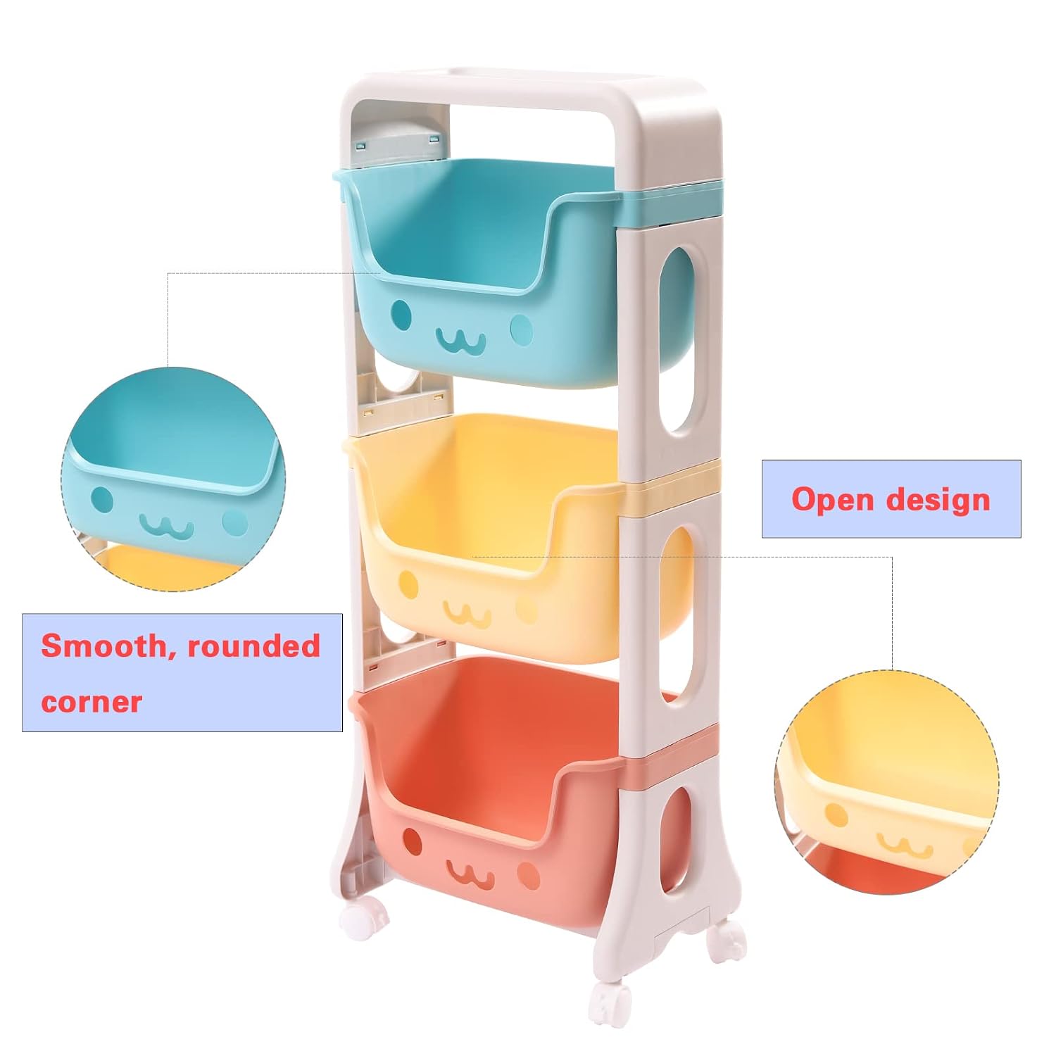 Kids Toy Storage Organizer, Multicolor, 3-Tier Rolling Cart | Children Playroom Decor, Doll Activity Rack Shelf, Plastic Bins Box, Universal Wheels
