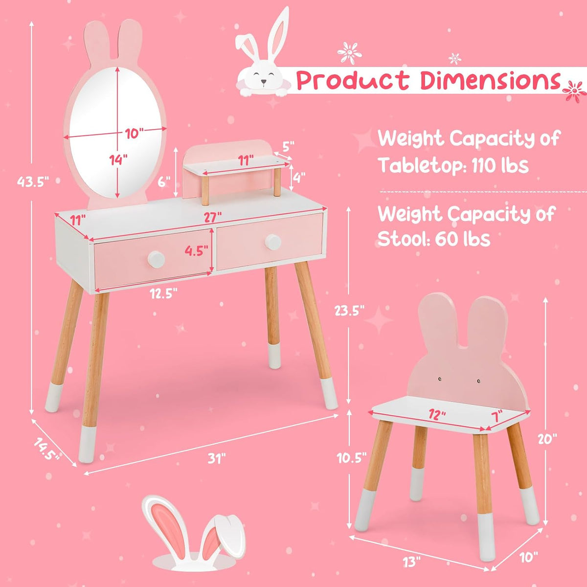 Costzon Kids Vanity, Girls Vanity Set with Mirror & Stool, 2 Large Drawers, Storage Shelf, Wooden Princess Makeup Dressing Table, Kids Vanity Table and Chair Set (Pink)