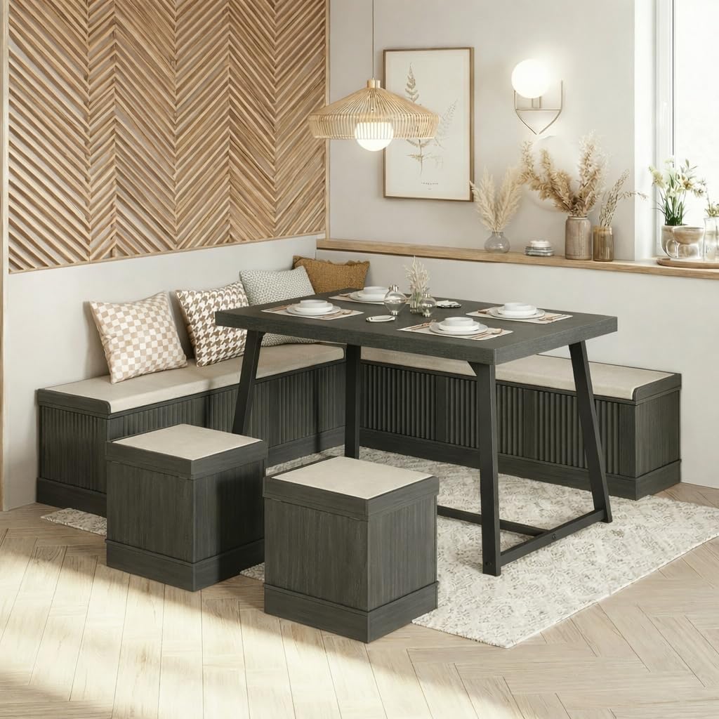 Brafab Corner Dining Table Set, 43 Inch Breakfast Nook Table Set with Bench with Hidden Storage & 2 Ottomans, 5-Piece Corner Bench Dining Table Set, Brown