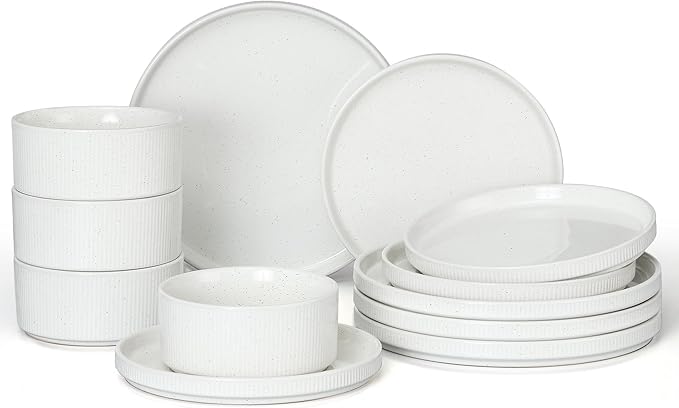 E-far 12-Piece Plates and Bowls Sets, Stoneware Dinnerware Dishes Sets for 4, Kitchen Modern Dining Dishware, Chip & Scratch Resistant, Microwave & Dishwasher Safe, Speckled White