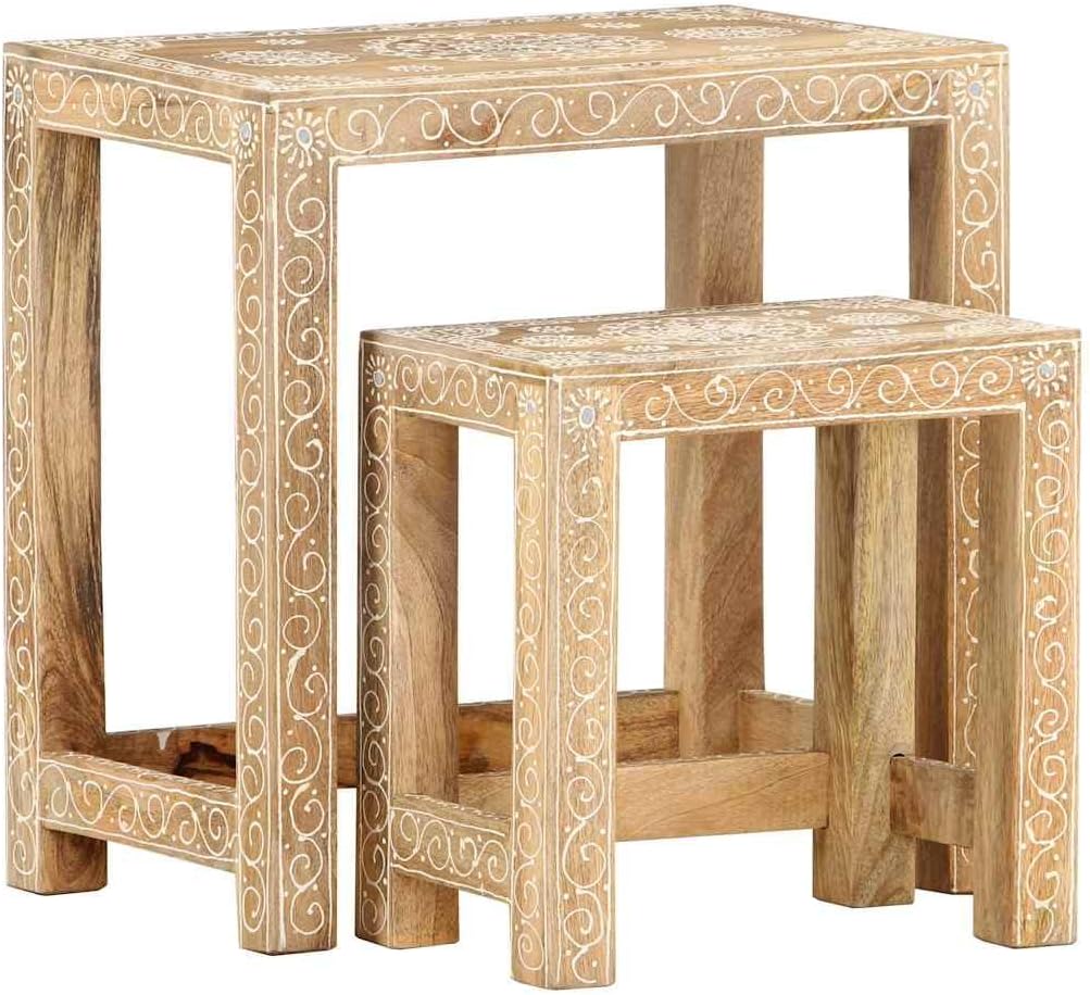 2 Piece Side Table Set Solid Mango Wood Hand-Painted Nesting Tables for Living Room Brown