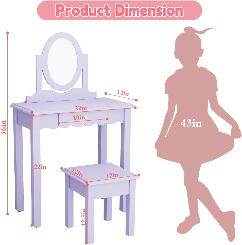 HLR Kids Vanity Set with Mirror Stool and Drawer for Little Girls, Purple | Girls Vanity Set, Wooden 2 in 1 Princess Makeup Desk Dressing Table with Detachable Top, Toddler Vanity Dresser Set