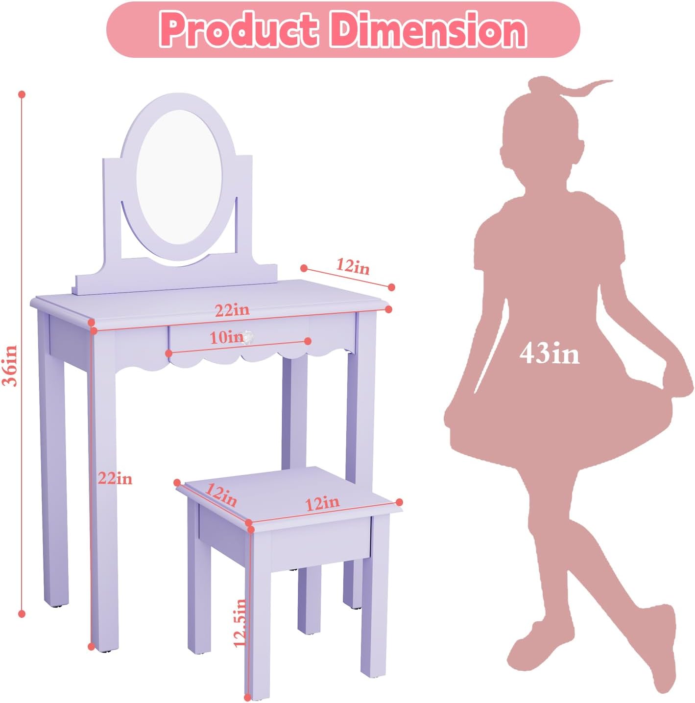 HLR Kids Vanity Set with Mirror Stool and Drawer for Little Girls, Purple | Girls Vanity Set, Wooden 2 in 1 Princess Makeup Desk Dressing Table with Detachable Top, Toddler Vanity Dresser Set