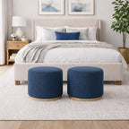 Spatial Order 22" Round Ottoman with Wooden Base - Blue Woven Fabric
