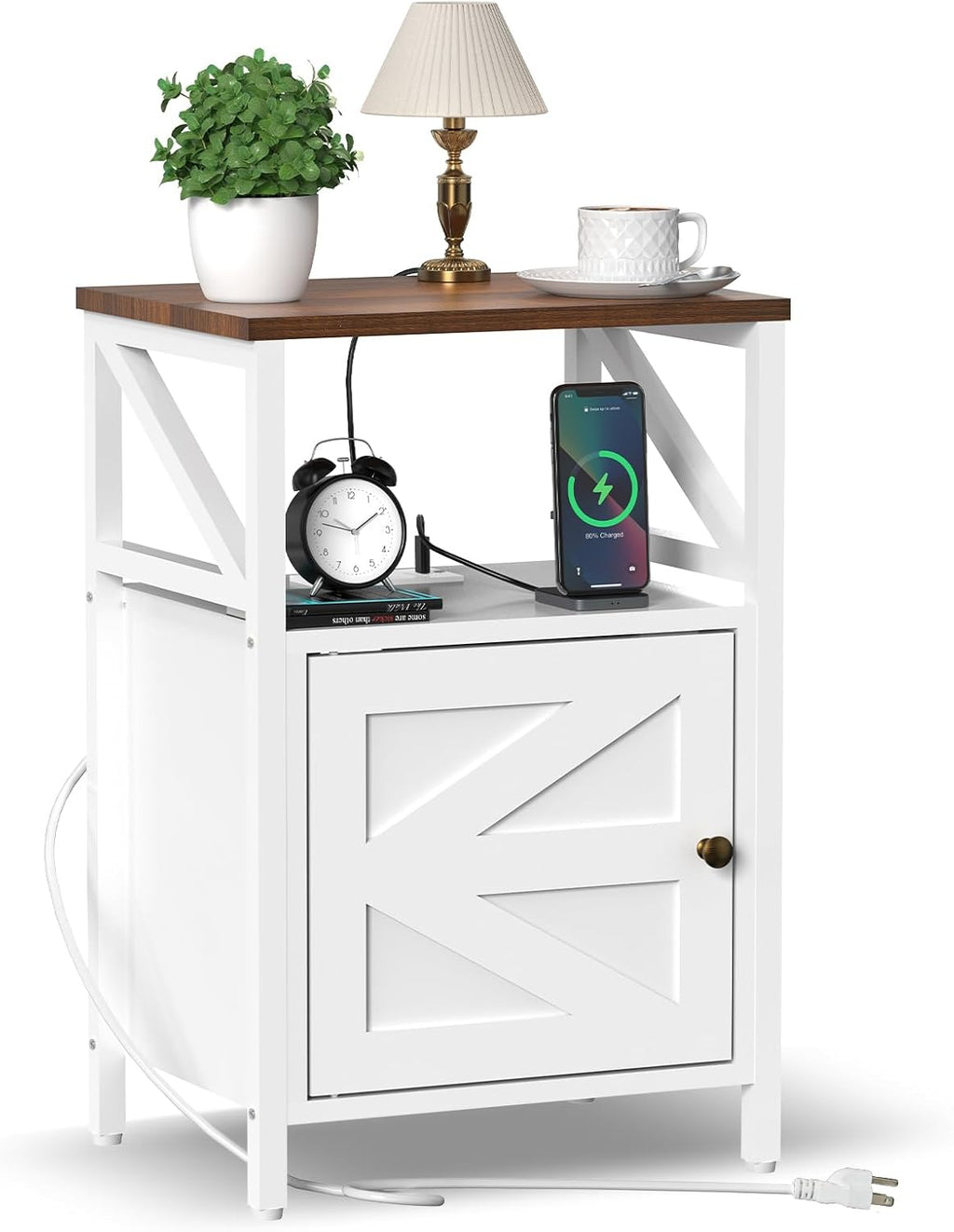 Farmhouse Side Table with Charging Station -3-Tier USB Ports & Outlets End Table, Compact Bedside Storage Table for Small Spaces, Multi-Functional Accent Table for Bedroom, Living Room, Couch Entryway