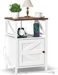 Farmhouse Side Table with Charging Station -3-Tier USB Ports & Outlets End Table, Compact Bedside Storage Table for Small Spaces, Multi-Functional Accent Table for Bedroom, Living Room, Couch Entryway