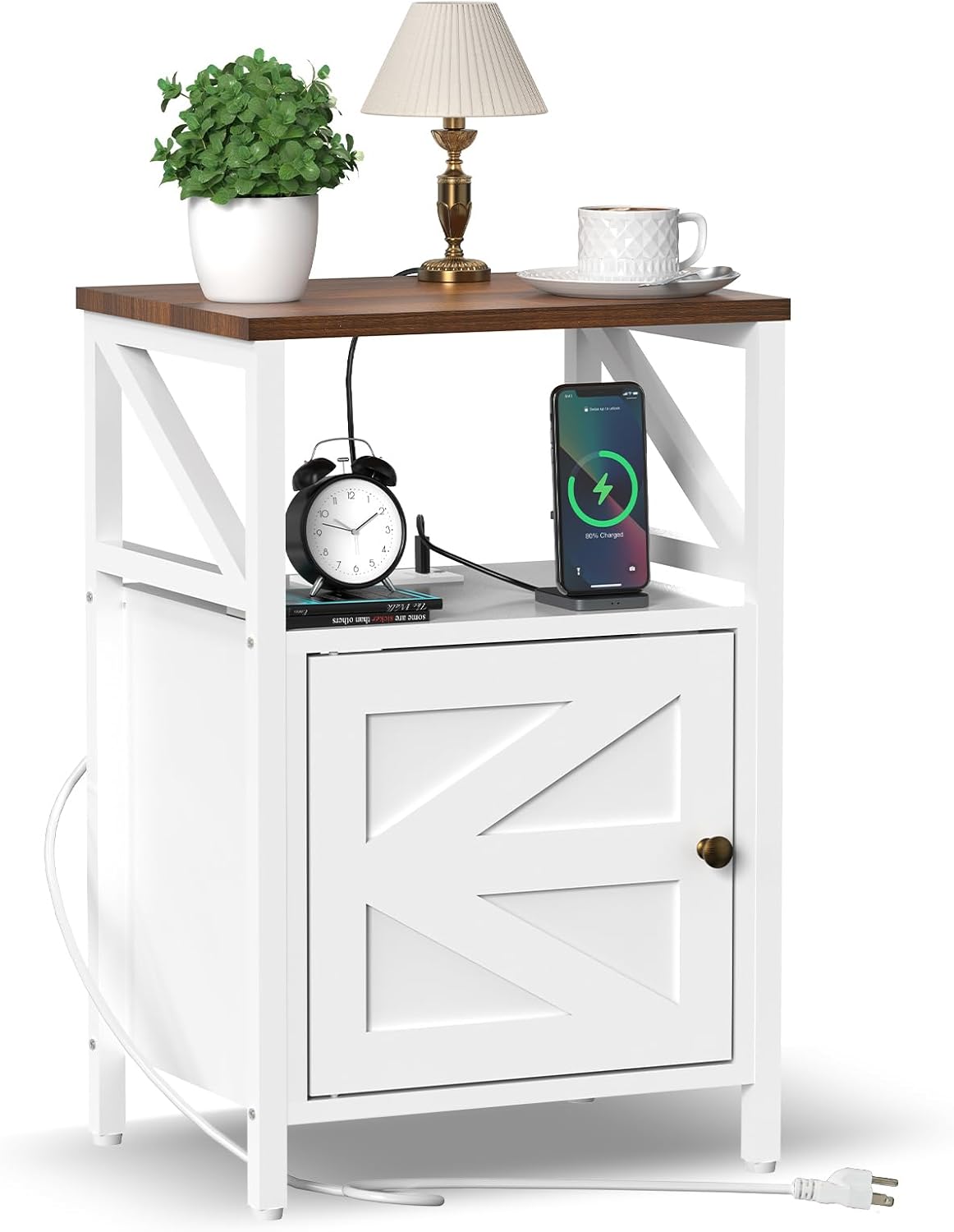 Farmhouse Side Table with Charging Station -3-Tier USB Ports & Outlets End Table, Compact Bedside Storage Table for Small Spaces, Multi-Functional Accent Table for Bedroom, Living Room, Couch Entryway