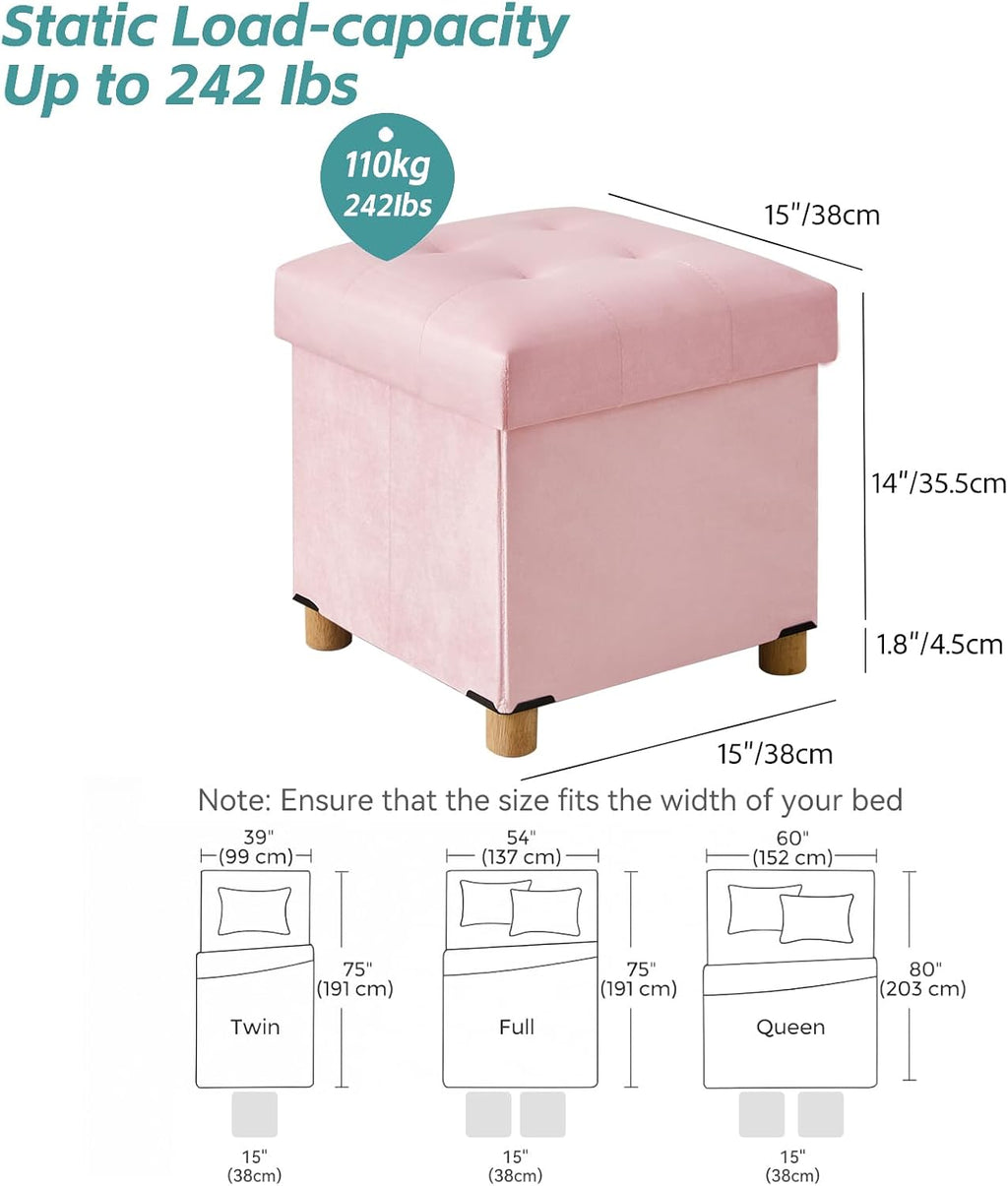 BRIAN & DANY 15" Small Ottoman with Storage Cube, Square Storage Ottoman Foot Stool with Wood Legs, Velvet Ottomans for Living Room, Bedroom, Dorm, Pink