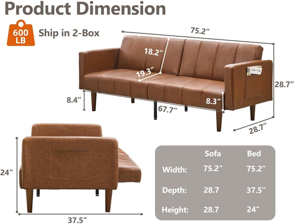 Garvee Modern Futon Sofa Bed, Convertible 75" Sleeper with Adjustable Backrest & Side Pockets, Mid-Century Brown PU Leather