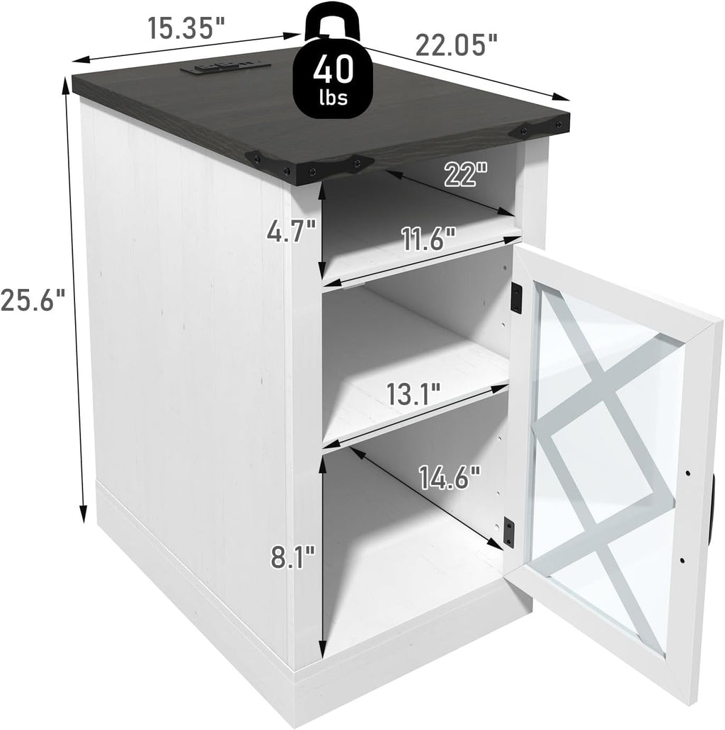 Clihome End Table with Charging Station, 15.4'' Rustic Nightstand with Barn Door & Adjustable Shelf, Wooden Sofa Side Table with 3-Tier Storage for Living Room, Bedroom, White