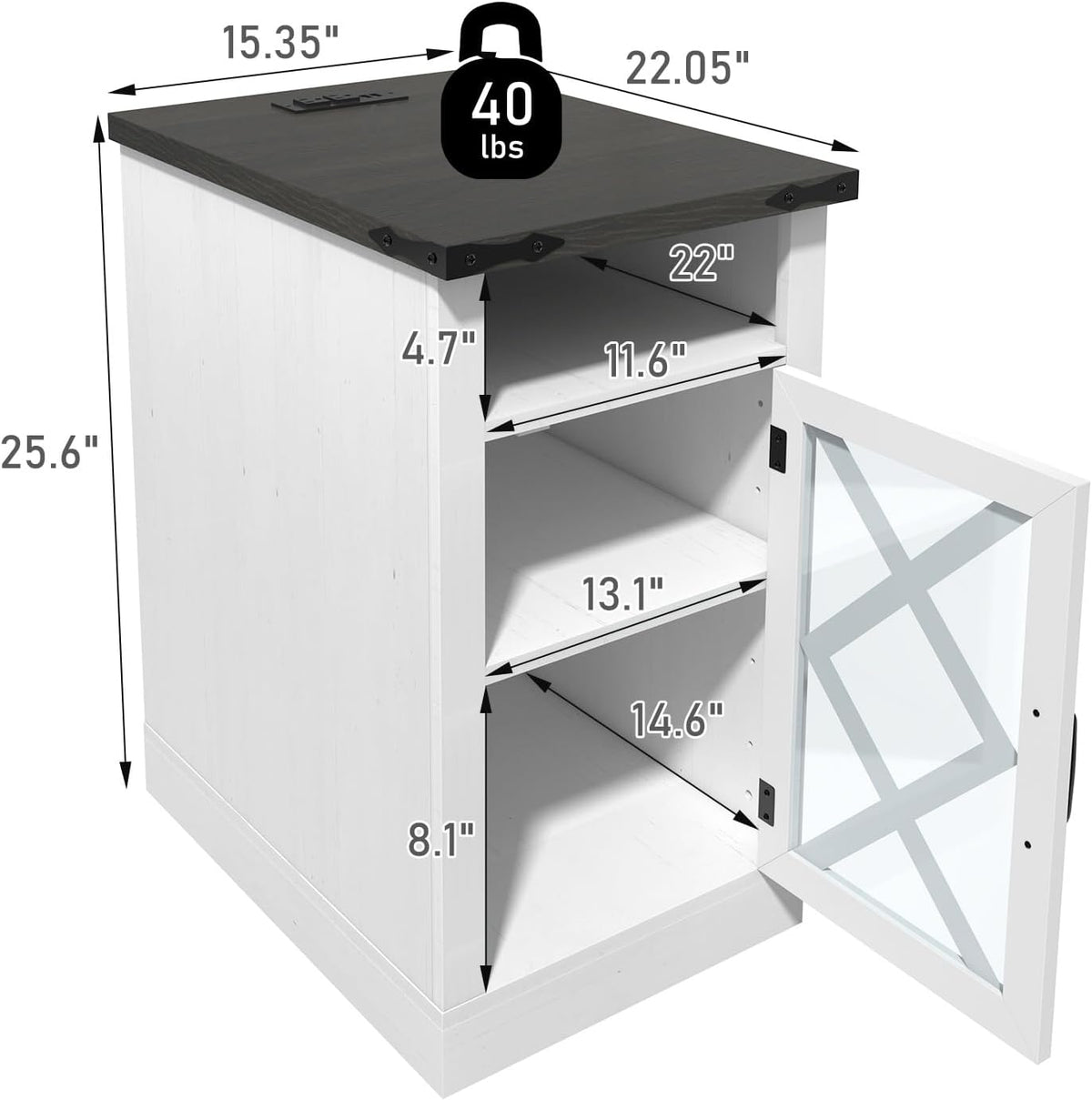 Clihome End Table with Charging Station, 15.4'' Rustic Nightstand with Barn Door & Adjustable Shelf, Wooden Sofa Side Table with 3-Tier Storage for Living Room, Bedroom, White
