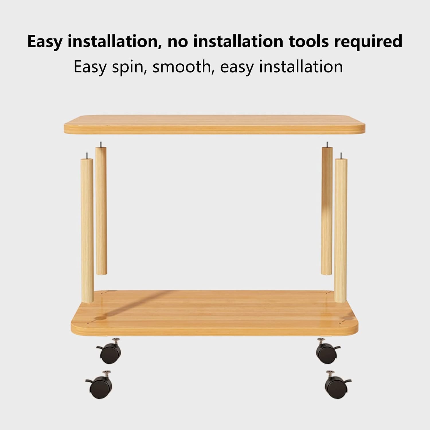 Rolling End Table with Wheels, 2-Tier 150lb Shelf, MDF Top Solid Wood Frame, Industrial Sofa/Coffee Table Wooden Color