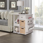 Pemberly Row Wood Revolving Side Table, 18" W x 18" D x 24" H, Whitewashed Finish, MDF with Rattan Accents, Drawers and Shelves, Compact Transitional Design for Living Room or Bedroom Storage