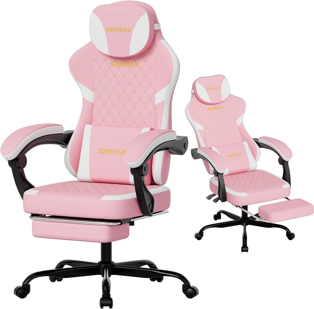 Ergonomic Gaming Chair with Footrest & Massage Lumbar Pillow, Height Adjustable 360° Swivel Computer Chair, Linked Armrest & Headrest for Office Gaming (Pink White)