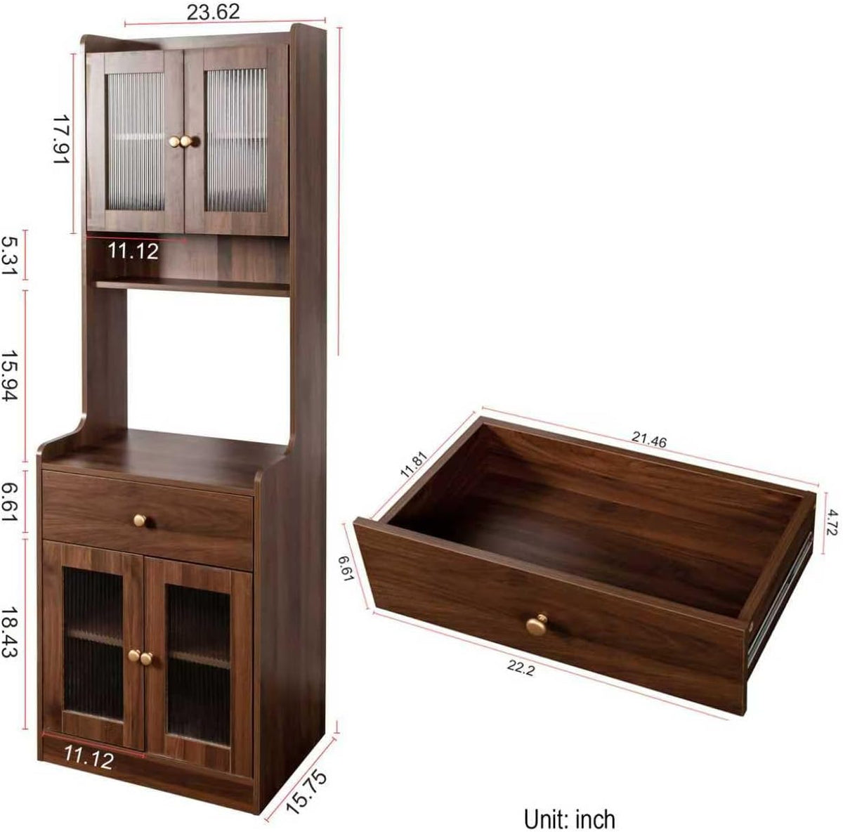 71 Inch Kitchen Hutch Storage Cabinet with Countertop, Farmhouse Coffee Hutch Cabinet Bar with Storage, Buffet Hutches and Cabinets with Microwave Stand | Glass Door for Dining Room