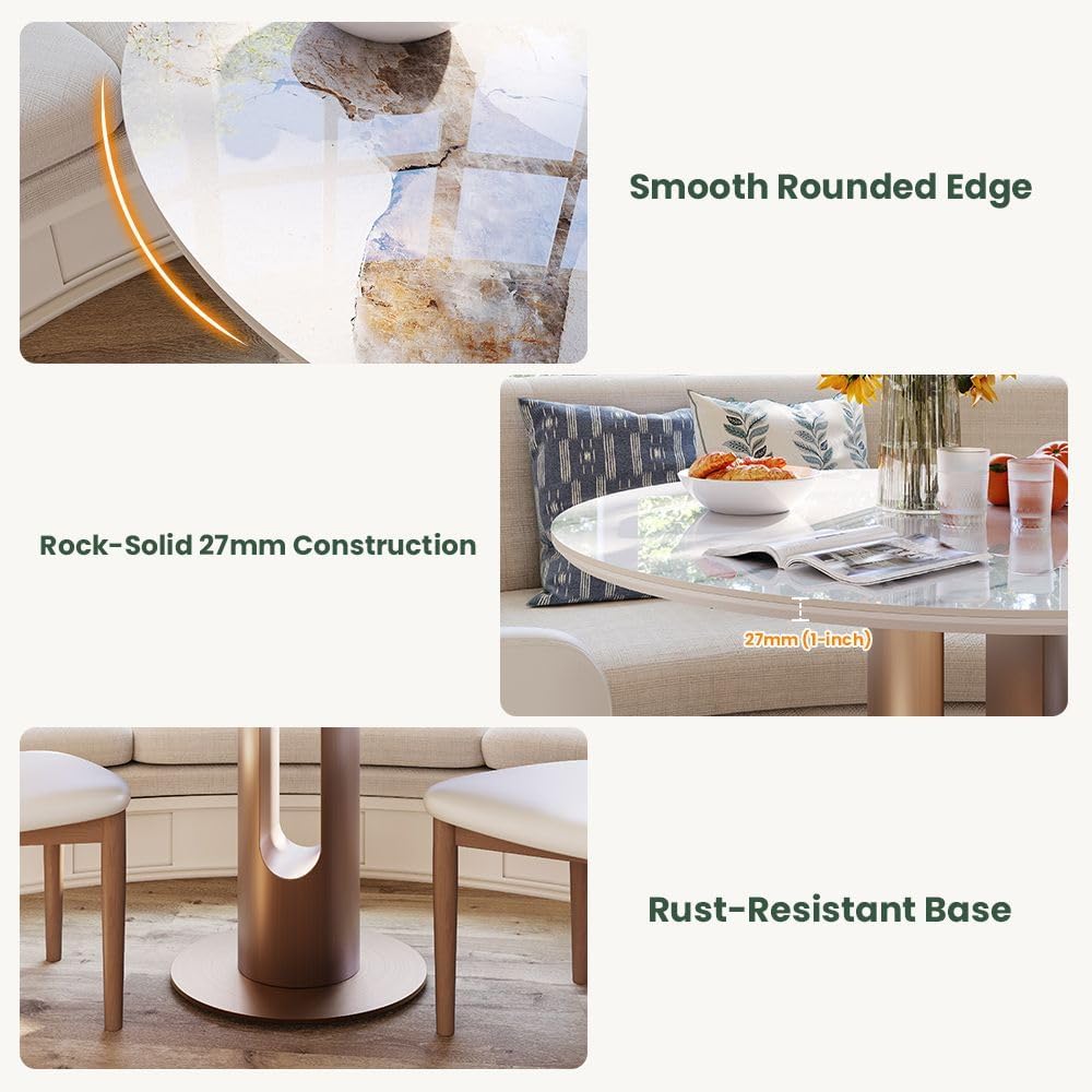 POVISON Round Dining Table, 35" Modern Sintered Stone Kitchen Table for 2 with Stable Carbon Steel Base, Pandora Small Circle Dining Room Tables for Kitchen, Living Room, Bistro(Table Only)