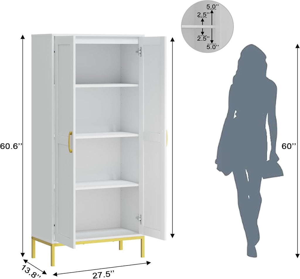 Kitchen Pantry Cabinet,Kitchen Pantry with 2 Adjustable Shelves,4 Shelf Cabinet,Freestanding Floor Cabinet,Unit for Garage Storage,Pantry,Laundry Room,Organization and Storage,White