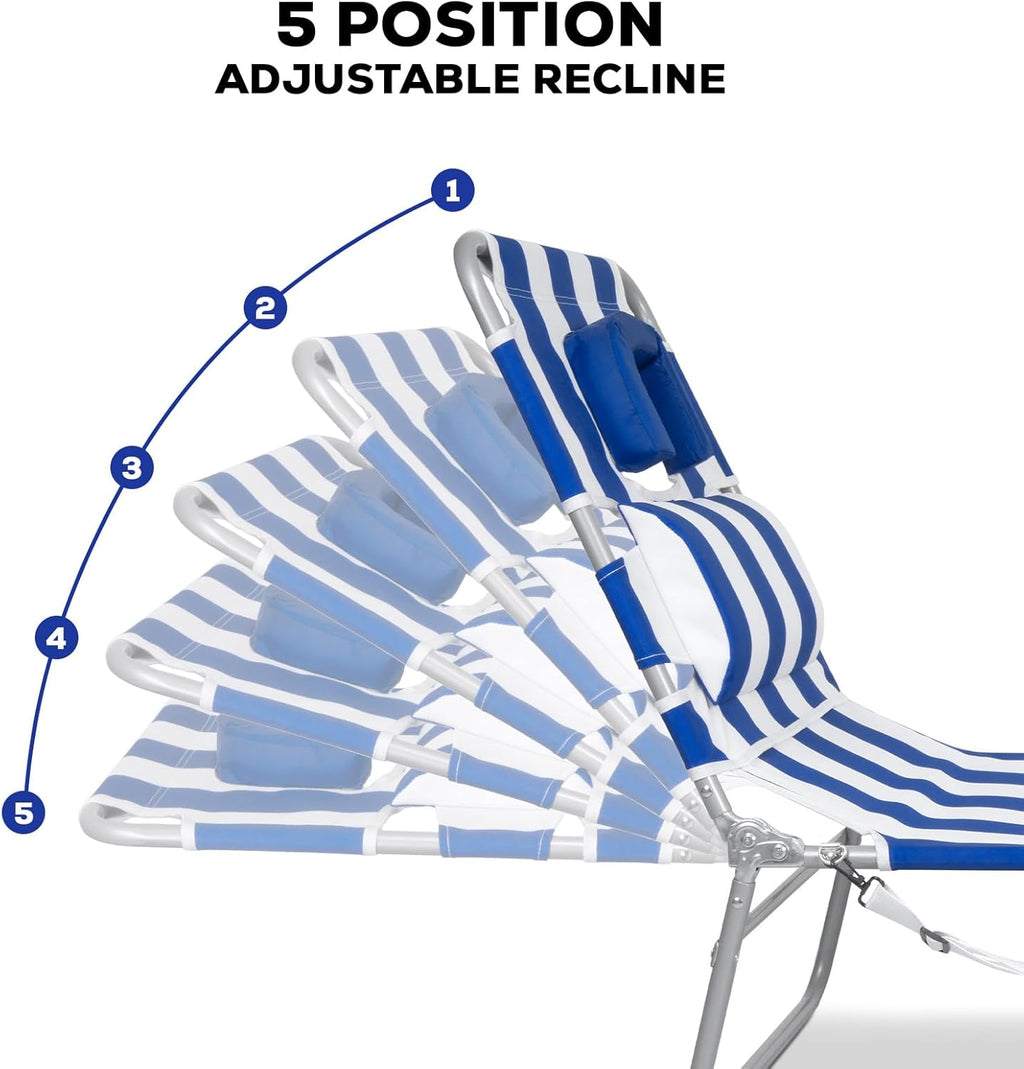 Romswi 2PK Folding Tanning Beach Chair with Face Hole, 5-Position Reclining Sun Lounger, Portable Face Down Tanning Chair with Arm Holes & Side Pocket for Beach, Pool, Patio, Navy and White Stripe