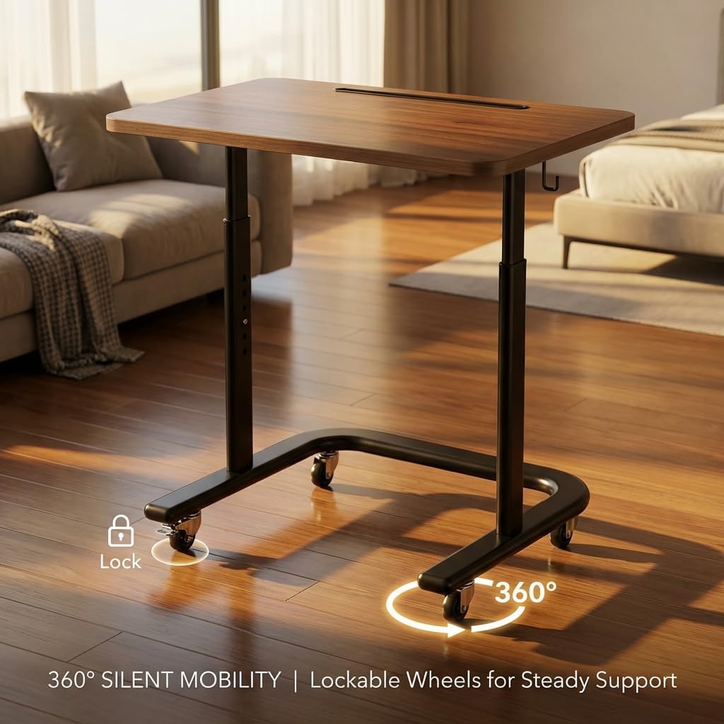 BUYIFY Height Adjustable TV Tray Table with Wheels for Couch or Sofa | Rolling TV dinner tray for eating on couch,bed,or recliner;height adjustable laptop desk for meals,snacks,and work Brown