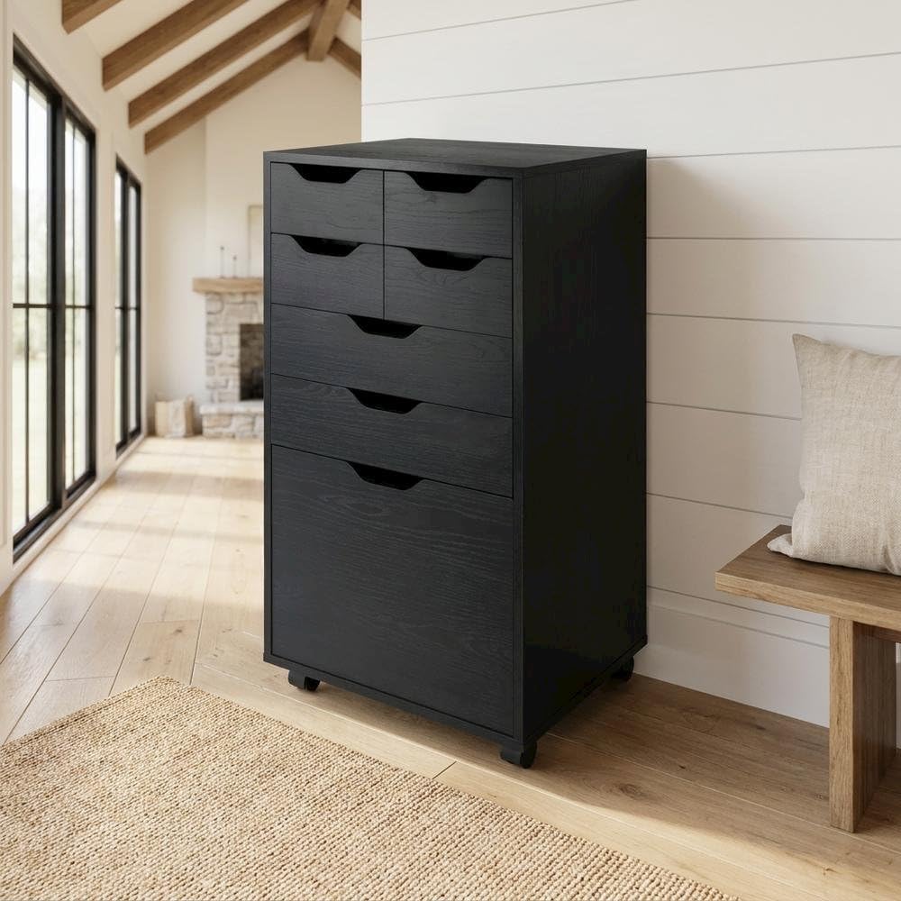 Furnifact Black Tall Mobile Storage Cabinet with Bins and Drawers, Rolling Organizer, Contemporary Style, Ideal for Pantry and Home Organization