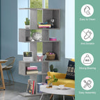 GIANTEX 5-Tier Geometric Bookshelf Set of 2, 70'' Tall Wood Freestanding Decorative Display Open Shelves with Anti-Tipping Device, Each Shelf Holds up to 44 lbs, Wooden S Shaped Bookcase, Gray