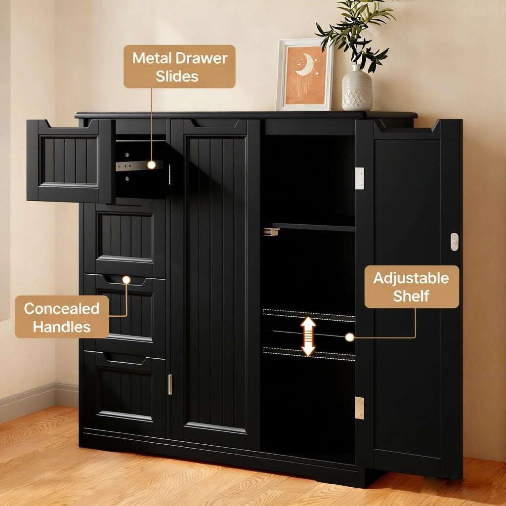 Gizoon Wooden Bathroom Floor Cabinet, Side Storage Organizer Cabinet with 4 Drawers & Double Doors, Freestanding Entryway Storage Unit Console Table, Bathroom Living Room Dining Kitchen, Black