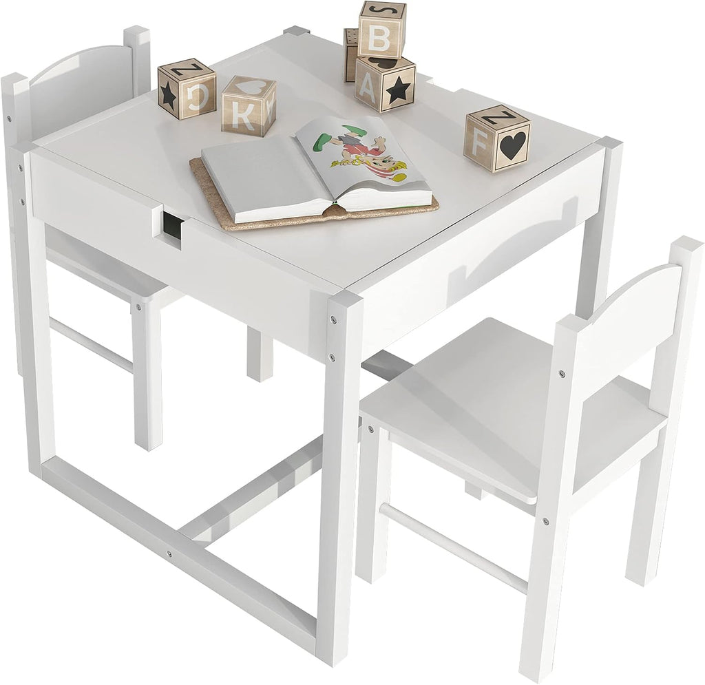 4NM 3 in 1 Kids Table Set, Children Tables and Chairs, Toddler Play Activity Table with Hidden Storage Wood Building Block Desk for Ages 3-7 - White Green