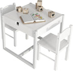 4NM 3 in 1 Kids Table Set, Children Tables and Chairs, Toddler Play Activity Table with Hidden Storage Wood Building Block Desk for Ages 3-7 - White Green