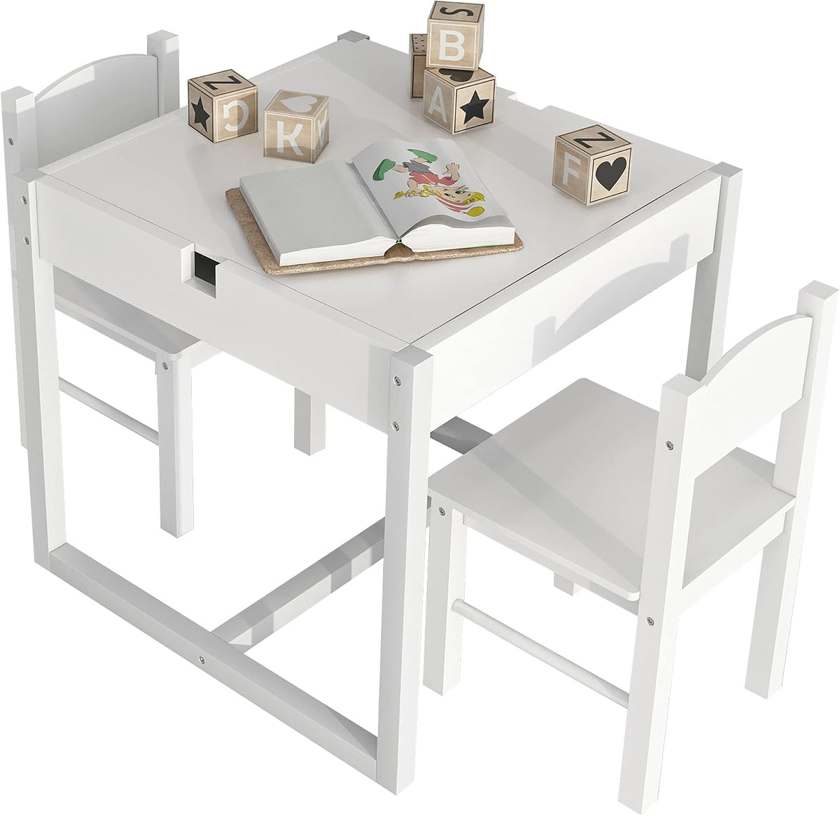 4NM 3 in 1 Kids Table Set, Children Tables and Chairs, Toddler Play Activity Table with Hidden Storage Wood Building Block Desk for Ages 3-7 - White Green