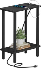 TUTOTAK Narrow Side Table, 2-Tier Small End Table with Charging Station | Skinny Sofa Table, Slim Nightstand, Easy Assembly for Living Room, Bedroom, Black TB01BK060