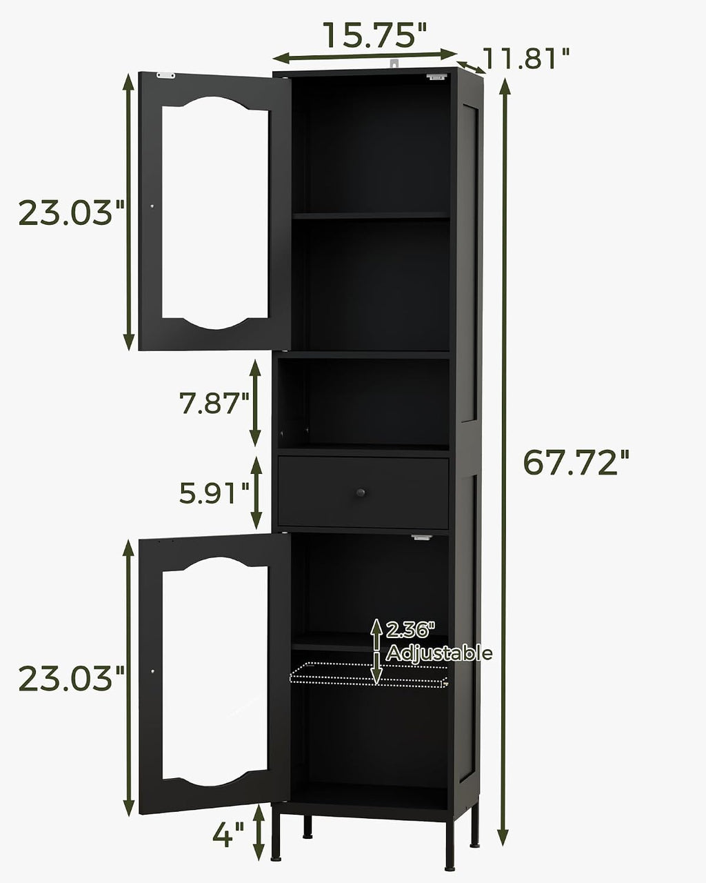 fineway 68"H x 16"W Tall Bathroom Storage Cabinet with Door & Drawer, Black | Clear-View Doors, 6-in-1 Large Capacity Storage, Easy Assembly & 4-Year Warranty, FSC-Certified Wood, Anti-Tip Safety