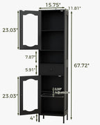 fineway 68"H x 16"W Tall Bathroom Storage Cabinet with Door & Drawer, Black | Clear-View Doors, 6-in-1 Large Capacity Storage, Easy Assembly & 4-Year Warranty, FSC-Certified Wood, Anti-Tip Safety