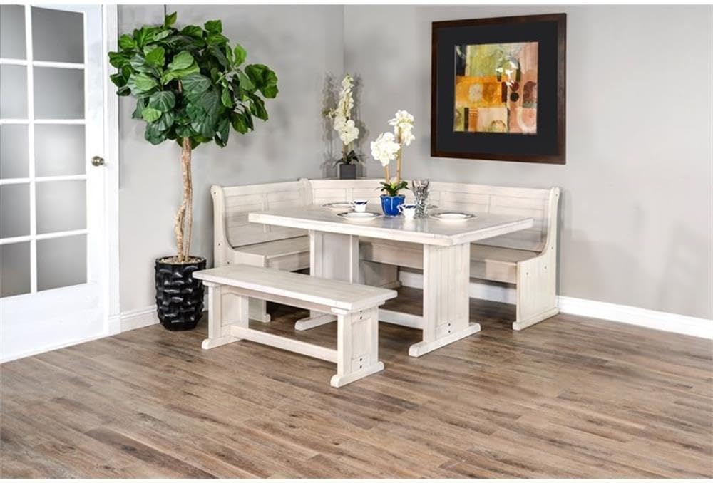 Pemberly Row 75" x 56" Farmhouse Wood Breakfast Nook Set with Table, Storage, Reversable Benche, L-Shaped Corner Bench, for Dining Room, in Marble White Finish