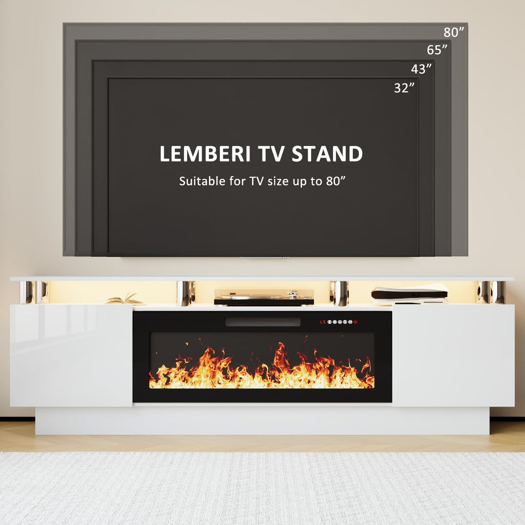 LEMBERI 70" Fireplace TV Stand for TVs up to 80", White | 36" electric fireplace, modern LED entertainment center, high gloss media console with storage cabinet for living room