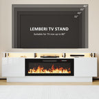 LEMBERI 70" Fireplace TV Stand for TVs up to 80", White | 36" electric fireplace, modern LED entertainment center, high gloss media console with storage cabinet for living room