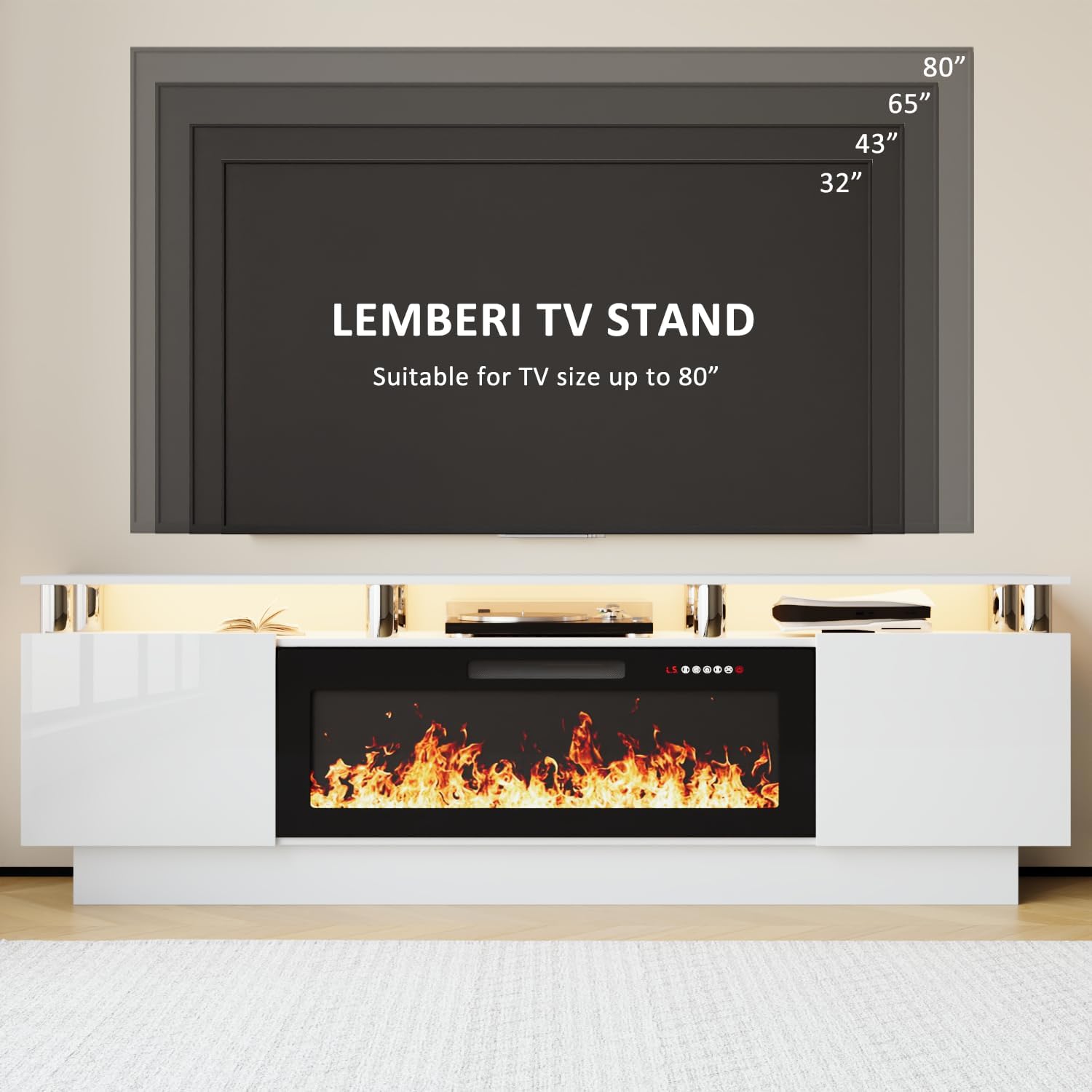 LEMBERI 70" Fireplace TV Stand for TVs up to 80", White | 36" electric fireplace, modern LED entertainment center, high gloss media console with storage cabinet for living room
